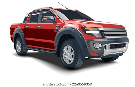 Saraburi. Thailand. February 09, 2023. Realistic 3D vector red pickup four doors on white background illustration.