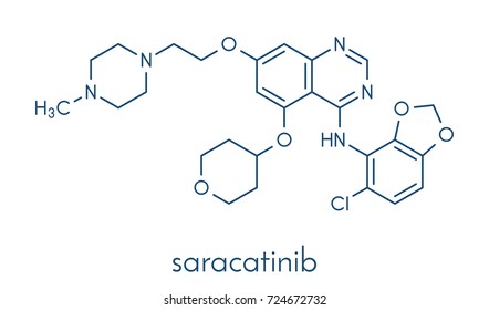 Saracatinib drug molecule. Dual kinase inhibitor, inhibiting both Src and Bcr-Abl tyrosine kinases. Skeletal formula.