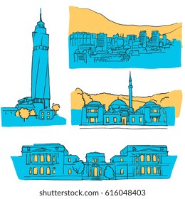 Sarajevo Bosnia and Herzegovina Colored Landmarks, Scalable Vector Monuments. Filled with Blue Shape and Yellow Highlights. 
