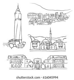 Sarajevo Bosnia and Herzegovina Famous Buildings, Monochrome Outlined Travel Landmarks, Scalable Vector Illustration