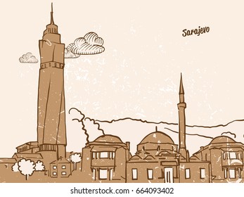 Sarajevo, Bosnia and Herzegovina, Greeting Card, hand drawn image, famous european capital, vintage style, vector Illustration