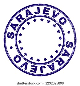 SARAJEVO stamp seal watermark with grunge texture. Designed with round shapes and stars. Blue vector rubber print of SARAJEVO title with scratched texture.