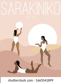 Sarakiniko. Vector  hand drawn illustration of women in swimsuits .  Creative artwork with minimalistic landscape.  Template for card, poster, banner, print for t-shirt, pin, badge, patch.