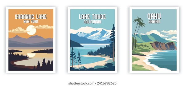 Saranac Lake, Lake Tahoe, Oahu Illustration Art. Travel Poster Wall Art. Minimalist Vector art svg