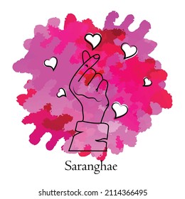 Saranghae (I love you), Korean love gesture hands vector illustration with beautiful pink and purple abstract background with hearts.