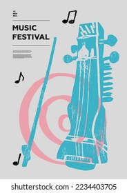 Sarangi, folk. Music festival poster. String musical instruments. Competition.  A set of vector illustrations. Minimalistic design. Banner, flyer, cover, print.