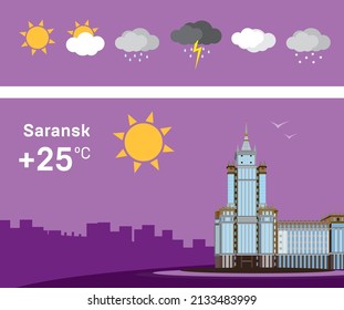 Saransk, el edificio de la Universidad Estatal de Mordovia. Ilustración vectorial para un salvapantallas de previsión meteorológica.