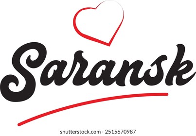 Diseño de texto de la ciudad de Saransk con diseño de icono tipográfico de corazón rojo adecuado para la promoción turística