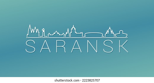 Saransk, República de Mordovia, Rusia Skyline Linear Design. Ilustración de ciudad plana Ilustración de imágenes recorridas mínima. Icono del vector de desplazamiento degradado de fondo.