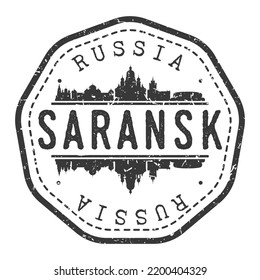 Saransk, República de Mordovia, marca postal del sello ruso. Pasaporte postal de Silhouette. Icono de vector de redondeo de ciudad. Diseño de rehenes vintage.