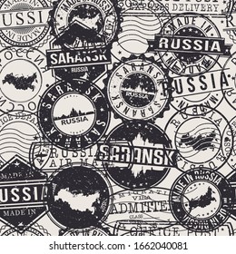 Saransk, Mordovia Republic, Russia Stamps Background. A City Stamp Vector Art. Set of Postal Passport Travel. Design Set Pattern.