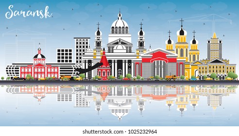 Línea aérea de Saransk en la ciudad de Rusia con edificios de color, cielo azul y reflexiones. Ilustración vectorial. Concepto de viajes de negocios y turismo con arquitectura moderna. Paisaje urbano de Saransk con monumentos.