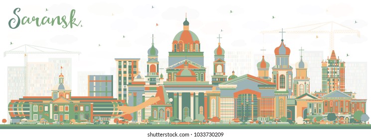 Línea aérea de Saransk en la ciudad de Rusia con edificios de color. Ilustración vectorial. Concepto de viajes de negocios y turismo con arquitectura moderna. Paisaje urbano de Saransk con monumentos.