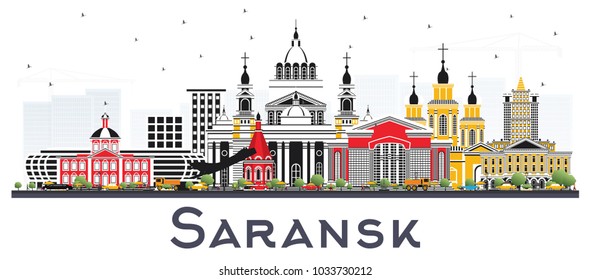 Línea aérea de Saransk en la ciudad de Rusia con edificios de color aislados en blanco. Ilustración vectorial. Concepto de viajes de negocios y turismo con arquitectura moderna. Paisaje urbano de Saransk con monumentos.