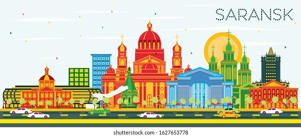 Línea aérea de Saransk en la ciudad de Rusia con edificios de color y cielo azul. Ilustración vectorial. Concepto de viajes de negocios y turismo con arquitectura moderna. Paisaje urbano de Saransk con monumentos.