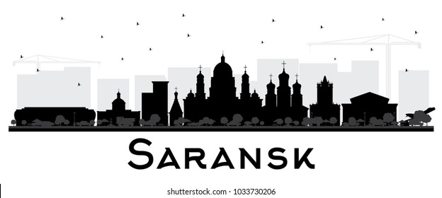 Silueta del Skyline de la ciudad de Saransk en Rusia con edificios negros aislados en blanco. Ilustración vectorial. Concepto de viajes de negocios y turismo con arquitectura moderna. Paisaje urbano de Saransk con monumentos.