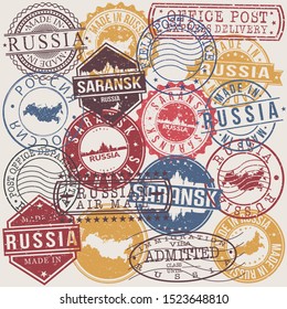 Saransk Russia Set of Stamps. Travel Stamp. Made In Product. Design Seals Old Style Insignia.