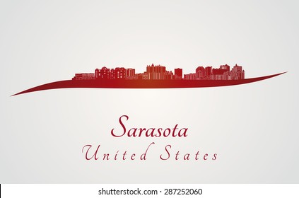 Sarasota skyline in red and gray background in editable vector file