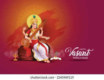 Sarasvati for happy Vasant Panchami Puja of India. poster, banner, flyer vector illustration design