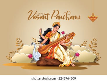 Sarasvati for happy Vasant Panchami Puja of India. poster, banner, flyer vector illustration design