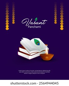 Sarasvati for happy Vasant Panchami Puja of India. poster, banner, flyer vector illustration design festival background