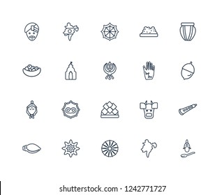 Saraswati, assam, Ashoka, Chakra, biju janata dal, Tablas, Henna painted hand, Lotus temple, durga puja, odisha, Dharma outline vector icons from 20 set