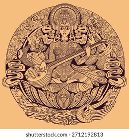 Saraswati - deusa da verdade, sabedoria, ilustração do vetor do conhecimento