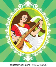Saraswati is the Hindu goddess of knowledge, music, art, wisdom, and learning. vector illustration of Goddess Saraswati for Vasant Panchami Puja of India. Illustration of Goddess of Wisdom Saraswati
