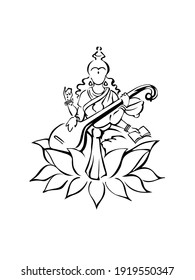 Saraswati, Hindu goddess of knowledge, sitting on lotus flower and playing veena instrument, silhouette symbol, hand drawn ink sketch. Isolated design element for prints, decor, web