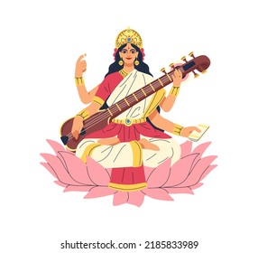 Saraswati, diosa india sentada en una flor de loto con vena. Saraswathi, deidad femenina de India tocando música. El antiguo personaje hindú de la musa. Ilustración vectorial plana aislada en fondo blanco