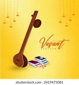  Saraswati Puja Card featuring the veena, symbol of knowledge. Rangoli patterns create a vibrant backdrop, subh Saraswati Puja' in Hindi, surrounded by a charming pink and yellow floral border. 