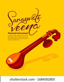 Saraswati Veena  Indian Plucked String Instrument. Hindu Goddess Saraswati Instrument Vector Illustration.