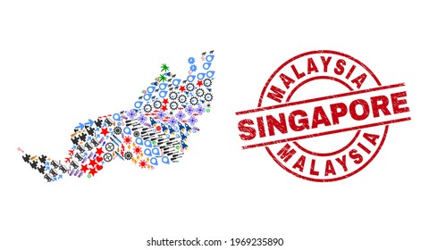 Sarawak State map collage and dirty Malaysia Singapore red round stamp. Malaysia Singapore badge uses vector lines and arcs. Sarawak State map collage contains markers, homes, showers, suns, stars,