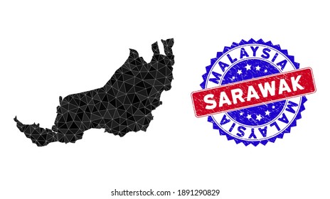 Sarawak State map polygonal mesh with filled triangles, and unclean bicolor rubber seal. Triangle mosaic Sarawak State map with mesh vector model, triangles have different sizes, and positions,