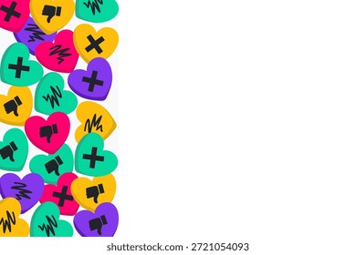 Plano de fundo anti-Valentine sarcástico com espaço de cópia de borda lateral. Não gosto do modelo de corações de conversa com cruz e polegares para baixo. Layout de design plano vetorial para cartão de vida único engraçado.