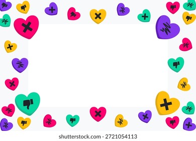 Quadro anti-Valentine sarcástico com espaço de cópia. Fundo engraçado com corações de conversa com símbolos negativos. Borda de design plana vetorial para cartão de saudação de rejeição ou folheto de festa única.
