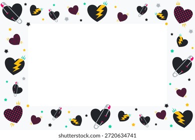 Marco sarcástico anti-San Valentín con espacio de copia. Fondo vanguardista con corazones negros, pasadores de seguridad y rayos. Borde de diseño plano de Vector para una sola tarjeta de felicitación de la vida o cartel.