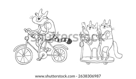 Sarcastic Bike-Riding Cats in Comic Sketch Style with Ironic Summer Mood