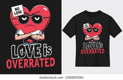 Sarcastic cartoon heart with sunglasses and a 'No Love' sign, featuring bold grunge text 'Love is Overrated'. Perfect for anti-Valentine, funny, rebellious designs.