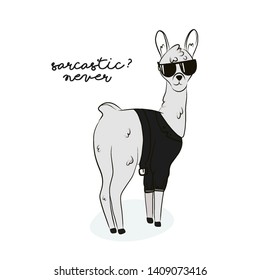 Sarcastic llama illustration. Modern alpaca in sunglesses, bomber with funny text drawing. Scandinavian style childish print.