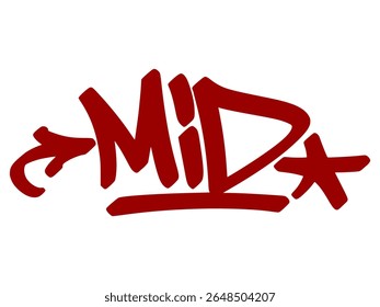 Grafite vermelho sarcástico tag "Mid" com estilo gotejamento afiado e fundo transparente. Gíria da geração Z para média, desanimadora, ou apenas ok.