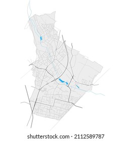 Sarcelles, Val-d Oise, France high resolution vector map with city boundaries and editable paths. White outlines for main roads. Many detailed paths. Blue shapes and lines for water.