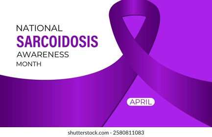 Sarcoidosis Awareness Month is observed annually in April to raise awareness about sarcoidosis. Most commonly the lungs and lymph nodes. Purple Realistic ribbon. Vector illustration of background.