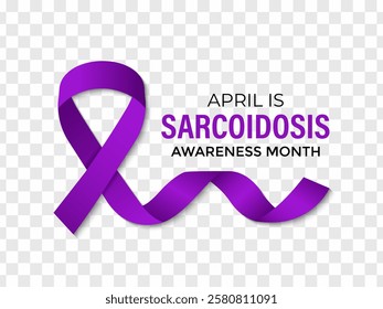 Sarcoidosis Awareness Month is observed annually in April to raise awareness about sarcoidosis. Most commonly the lungs and lymph nodes. Purple Realistic ribbon. Vector illustration of background.