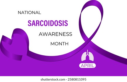 Sarcoidosis Awareness Month is observed annually in April to raise awareness about sarcoidosis. Most commonly the lungs and lymph nodes. Purple Realistic ribbon. Vector illustration of background.