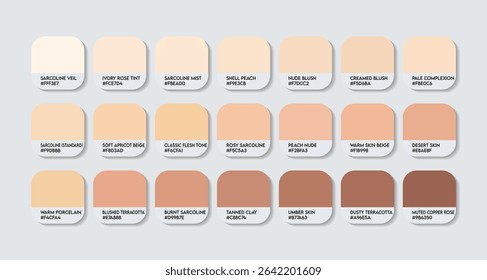 Sarcoline Color Palette. Sarcoline color Tone Swatch Chart with HEX Codes and Color Names. Pale and Light Variants. Rosy and Peachy Notes cream colure Palette. Pastel orange color palette design eps