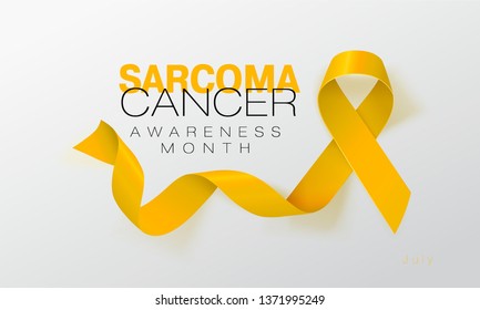 Sarcoma and Bone Cancer Awareness Calligraphy Poster Design. Realistic Yellow Ribbon. July is Cancer Awareness Month. Vector Illustration