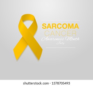 Sarcoma and Bone Cancer Awareness Calligraphy Poster Design. Realistic Yellow Ribbon. July is Cancer Awareness Month. Vector