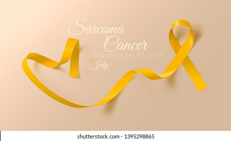 Sarcoma and Bone Cancer Awareness Calligraphy Poster Design. Realistic Yellow Ribbon. July is Cancer Awareness Month. Vector