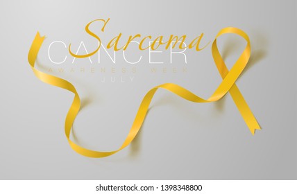 Sarcoma and Bone Cancer Awareness Calligraphy Poster Design. Realistic Yellow Ribbon. July is Cancer Awareness Month. Vector Illustration